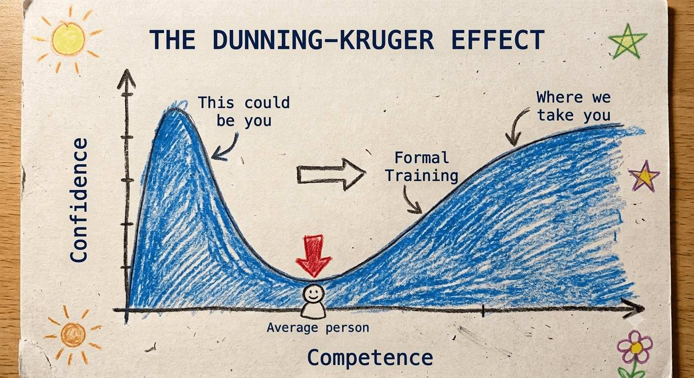 A hand-drawn Dunning-Kruger effect chart: confidence peaks early labeled 'This could be you', dips at 'Average person', then climbs again through 'Formal Training' to a steadier point labeled 'Where we take you'.